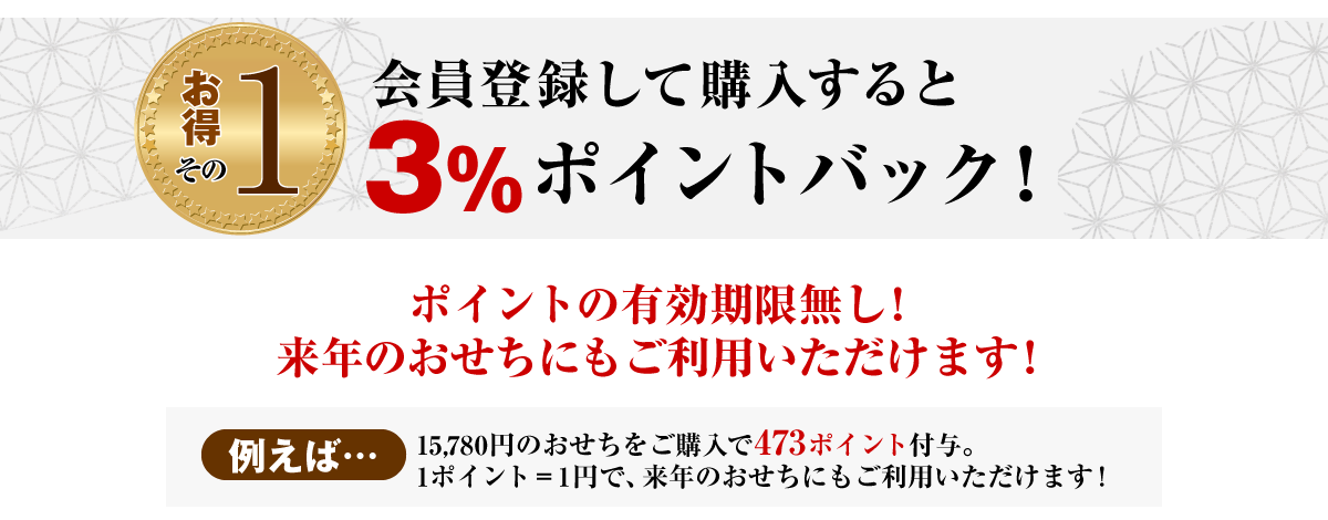 お得その1　会員登録して購入すると3％ポイントバック！